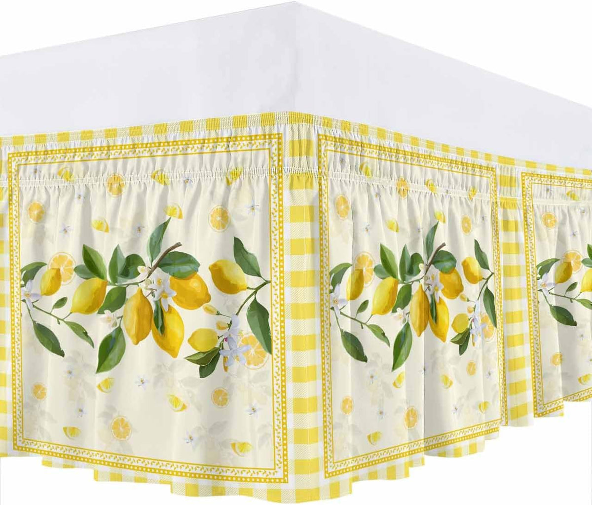 Yellow Lemons Wrap Around Bed Skirt Queen Size, Dust Ruffled 16 Inch Tailored Drop with Adjustable Elastic Belt Pleated, Summer Botanical Checkered Farmhouse Luxury Bedding Skirts for Bedroom