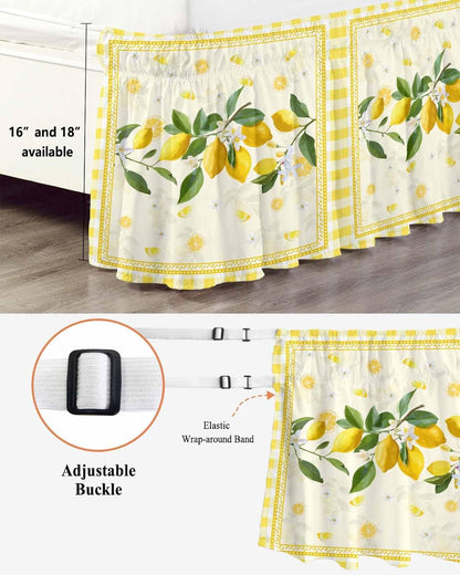 Yellow Lemons Wrap Around Bed Skirt Queen Size, Dust Ruffled 16 Inch Tailored Drop with Adjustable Elastic Belt Pleated, Summer Botanical Checkered Farmhouse Luxury Bedding Skirts for Bedroom