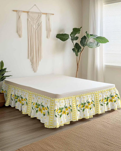 Yellow Lemons Wrap Around Bed Skirt Queen Size, Dust Ruffled 16 Inch Tailored Drop with Adjustable Elastic Belt Pleated, Summer Botanical Checkered Farmhouse Luxury Bedding Skirts for Bedroom