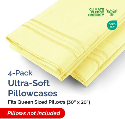 Queen Pillow Cases Set of 4 - Ultra Soft Cozy Pillowcase Covers - Yellow