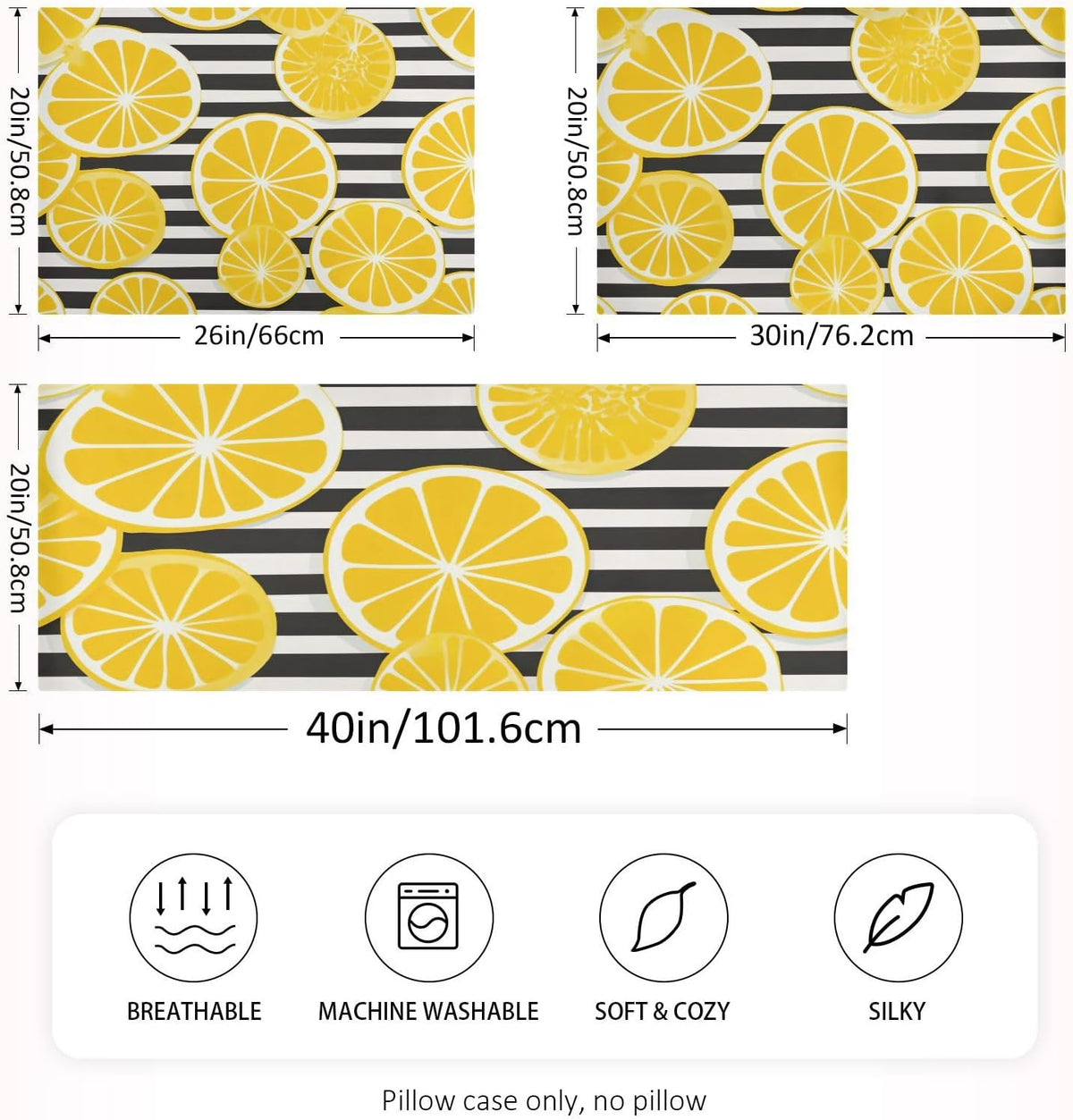 Yellow Lemon Striped Satin Pillowcase for Hair and Skin Body Bed Pillow Cases Standard Size 20"X26" Pillowcase Pillow Covers with Envelope Closure for Women Men