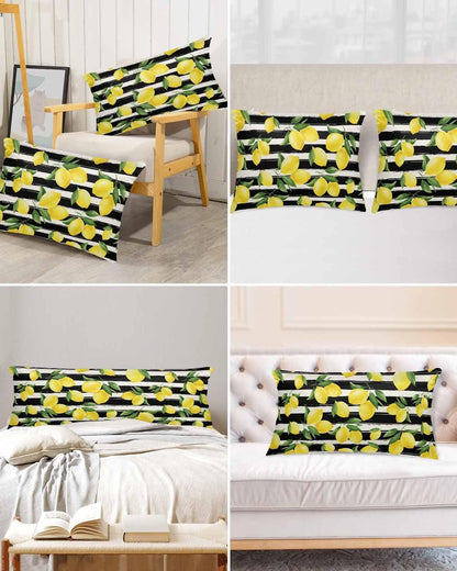 Satin Pillowcase for Hair and Skin Standard Size 2 Pack Yellow Lemon Satin Pillow Case Soft Cool Silk Summer Fruit Black Striped Pillowcases with Hidden Zipper Throw Pillow Covers 20x26 Inch