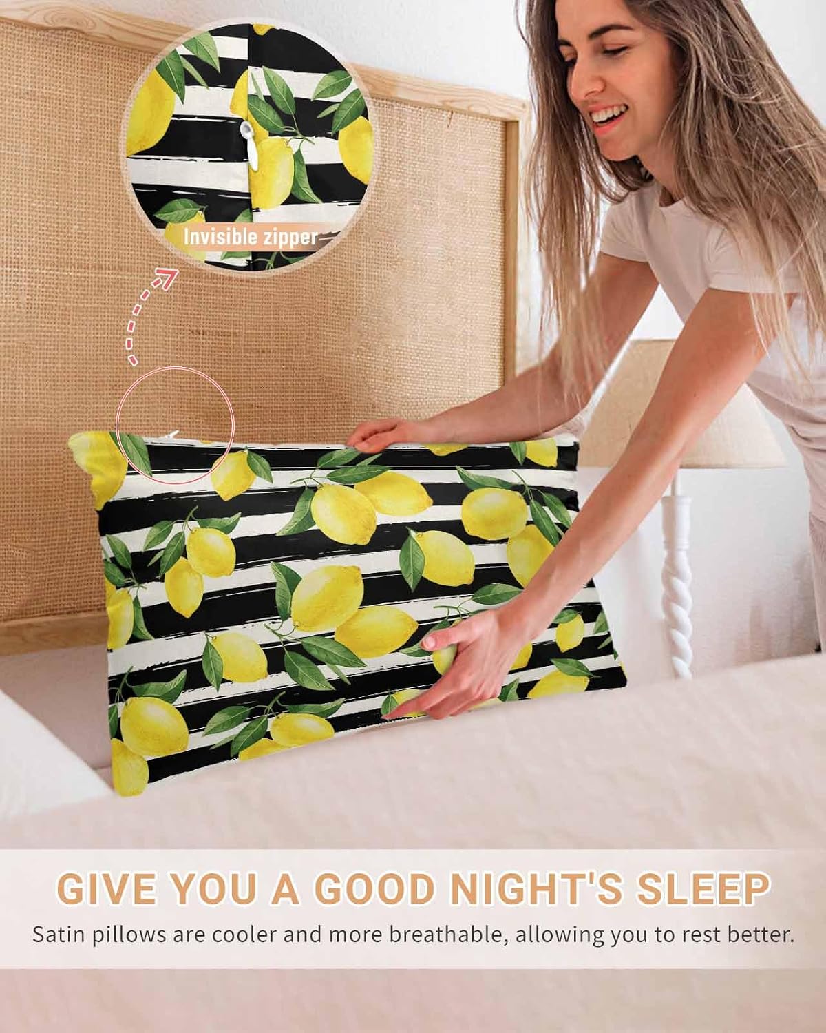 Satin Pillowcase for Hair and Skin Standard Size 2 Pack Yellow Lemon Satin Pillow Case Soft Cool Silk Summer Fruit Black Striped Pillowcases with Hidden Zipper Throw Pillow Covers 20x26 Inch