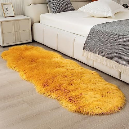Faux Fur Sheepskin Runner Rug Yellow 2x6 ft Ultra Soft Shaggy Plush Fluffy Fuzzy Area Carpet Decorative Chair Cover Floor Mat for Bedroom Sofa Living Room Bedside