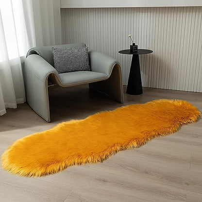 Faux Fur Sheepskin Runner Rug Yellow 2x6 ft Ultra Soft Shaggy Plush Fluffy Fuzzy Area Carpet Decorative Chair Cover Floor Mat for Bedroom Sofa Living Room Bedside