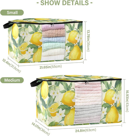 Floral Lemons Flowers Yellow Clothes Storage Bag Bins 2 Pack Foldable Storage Containers Large Closet Organizer with Zipper Storage Cubes for Bed Sheets Comforters Clothing 60L