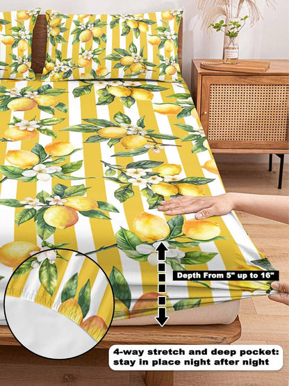 Floral Lemon Full Sheet Set Deep Pocket Fitted Sheet Sets Soft Breathable Yellow Stripes Sheet & Pillowcase Sets 3 Pieces Bed Sheets with Elastic Band Fits Mattress