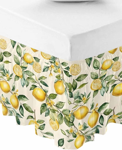 Yellow Lemon Bed Skirt Queen Size 16 Inch Drop, Adjustable Elastic Wrap Around Bed Skirts Easy Fitting Dust Ruffle Bedskirt Bed Frame Cover Spring Floral Flower Fruit Farmhouse Modern