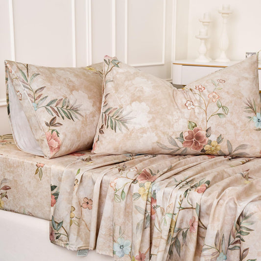 Floral Bed Sheets Full Size Sheet Set Light Brown 100% Cotton Satin Weave, Yellow Blue Flower Printed Chinoiserie Bed Set with Deep Pocket 17.5", Soft & Breathable, Luxury Shabby Vintage 4Pc