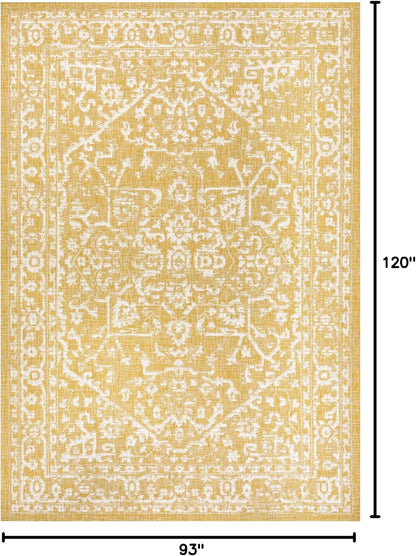 Boho Medallion Indoor Outdoor Area Rug 8X10 Yellow/Cream, Malta Textured Weave for Backyard, Patio, Porch, Easy-Cleaning, High Traffic, Pet-Friendly, Non-Shedding (SMB104G-8)