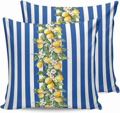 Yellow Lemon Floral 2PCS Throw Pillow Covers for Couch Sofa Bed, Blue Stripe Pillow Covers 18x18 inch, Standard Pillowcases Set Decorative Cushion Covers for Living Room Bedroom