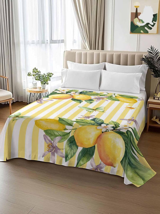 Flat Sheet Only Bedding Top Sheet Twin Lemon Fruits Floral Leaves Soft Microfiber Breathable Bed Sheets, Yellow Stripes Flat Sheets for Bedroom Sofa Men/Women