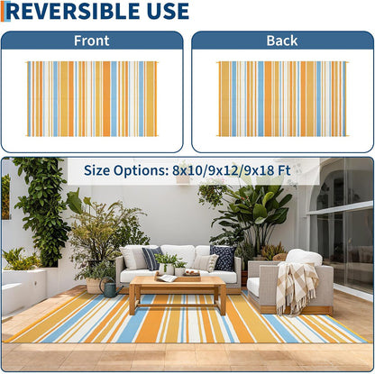 Large Outdoor Rug 8'x10' 320gsm PP Woven Waterproof UV Resistant Reversible Foldable Mat for Small Patio Balcony RV Picnic Camping Striped Blue Orange Yellow White