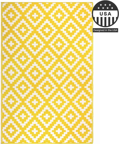 Outdoor Camping Rug - Waterproof, Fade Resistant, Reversible - Premium Recycled Plastic - Geometric - Picnic, Patio, Deck, Sunroom, RV - Aztec - Yellow & White - 4 x 6 ft Foldable
