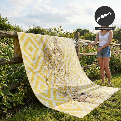 Outdoor Camping Rug - Waterproof, Fade Resistant, Reversible - Premium Recycled Plastic - Geometric - Picnic, Patio, Deck, Sunroom, RV - Aztec - Yellow & White - 4 x 6 ft Foldable