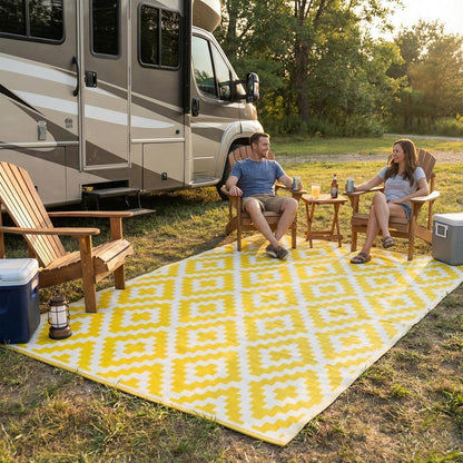 Outdoor Camping Rug - Waterproof, Fade Resistant, Reversible - Premium Recycled Plastic - Geometric - Picnic, Patio, Deck, Sunroom, RV - Aztec - Yellow & White - 4 x 6 ft Foldable