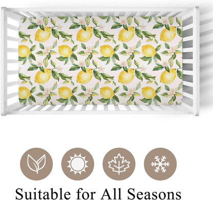 Cute Lemon Floral Leaves Pink Fitted Crib Sheet for Baby Girls Boys 28x52 Inch Yellow Lemons Wildflowers Baby Sheet for Standard Crib and Toddler Summer Fruit Bed Mattress Nursery Bed