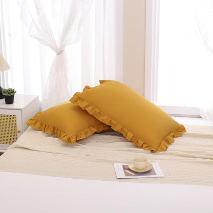 Mustard Yellow Pillowcases QueenPillowcases Set of 2 Ruffle Pillow Shams Cute Pillow Covers Solid Ruffled Fringe Design Yellow Shabby Chic Pillowcases 2 Pack
