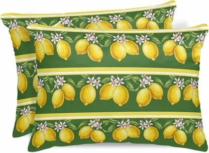 Lemon Summer 2 Packs Bed Pillow Covers Standard Decorative, Throw Pillow Cases Breathable Bedding Pillowcase, Soft Stain Pillows Shams Zipper Closure Watercolor Fruits Green Yellow Stripes 20"x26"