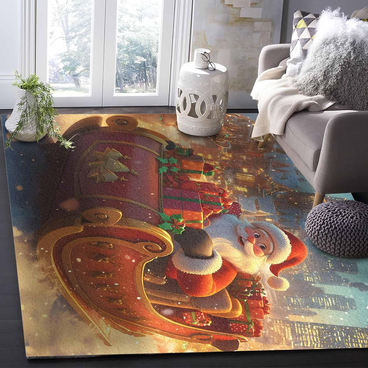 Christmas Yellow Red Area Rug for Living Room 2.7x5 Modern Rug Washable Abstract Area Rug Large Non Slip Winter Santa Claus Elk Gifts Floor Carpet Mat Soft Indoor Rug for Bedroom Nursery Office