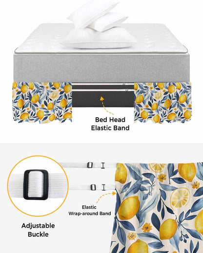 Lemon Bed Skirt Queen Size 16 Inch Drop, Adjustable Elastic Wrap Around Bed Skirts Easy Fitting Dust Ruffle Bedskirt Bed Frame Cover Plant Branch Yellow Blue Retro Spring Summer