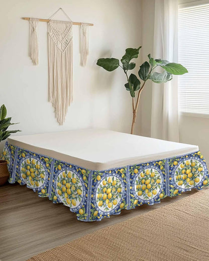 Bed Skirt Yellow Lemons Leaves Summer Blue Texture Ruffle Bed Skirt Wrap Around Bed Skirts for Queen Beds 16" Drop,Adjustable Elastic Dust Ruffles Easy Fit and Wrinkle-Free