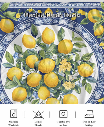 Bed Skirt Yellow Lemons Leaves Summer Blue Texture Ruffle Bed Skirt Wrap Around Bed Skirts for Queen Beds 16" Drop,Adjustable Elastic Dust Ruffles Easy Fit and Wrinkle-Free