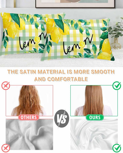 Summer Lemon Pillow Cases Standard Size Set of 2, Satin Pillowcase for Hair and Skin, Botanical Fruit Leaves Yellow Green Striped Throw Pillow Covers Cooling Pillow Protector with Zipper 20"x26"x2