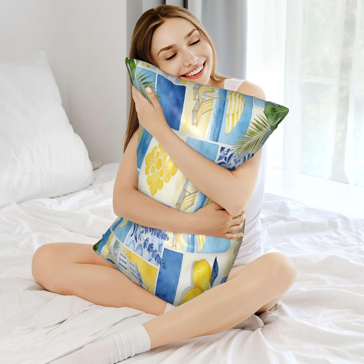 Satin Pillowcase for Hair and Skin, Blue Yellow Lemon Beach Silky Pillow Cover with Hidden Zipper, Queen Size 20x30 Inch Cooling Breathable Pillow Covers for Bedroom Sofa