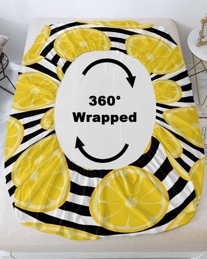 Twin XL Fitted Sheet, Farmhouses Country Yellow Lemon Soft Brushed Microfiber Deep Pocket Bed Sheets Set, Black White Stripes Breathable Bottom Sheets with Pillowcase,Fits Mattress Up to 16"