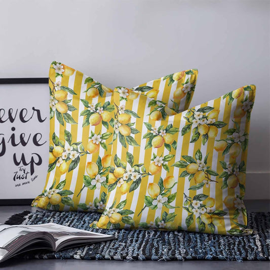 Watercolor Lemon 2PCS Throw Pillow Covers for Couch Sofa Bed, Yellow Flower Stripe Pillow Covers 16x16 inch, Standard Pillowcases Set Decorative Cushion Covers for Living Room Bedroom