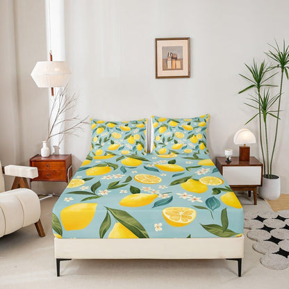 Lemon Bed Sheets Set 16" Deep Pocket for Kids Boys Girls Floral Botanical Fitted Sheet Queen Size Summer Theme Tropical Fruit Bedding Set Yellow Green Bedroom Decor Breathable Soft