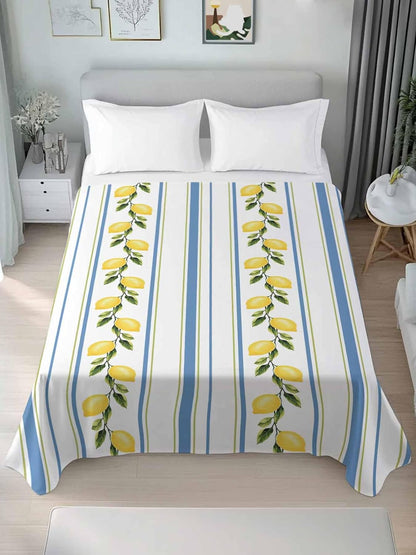 Flat Sheets Queen Size Bedding Sheet,Summer Lemon Leaves Soft Microfiber Breathable Top Sheets for Bedroom Hotel Luxury-1 Bed Flat Sheet Only,Blue Yellow Striped