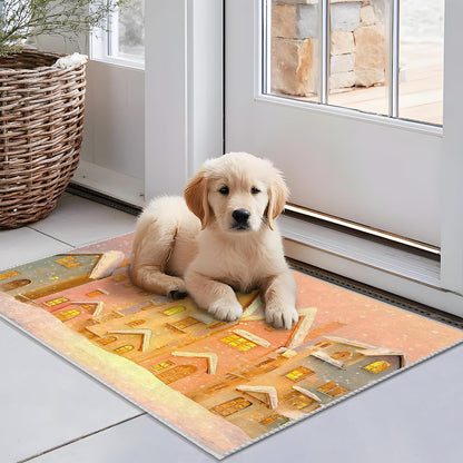 Houses Area Rug, Winter Cozy Snow Windows Winter Warm Yellow Low Pile Doormat Throw Rug Edge Binding Laundry Room Bathroom Doorway Entryway Decor 2' x 3'